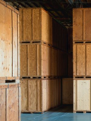 a room with wooden crates